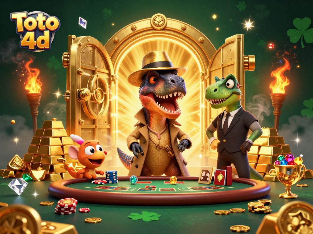 Toto 4d card counter velociraptor cleverly sneaking at a blackjack table surrounded by gold and jewels