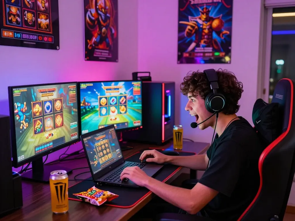 Pemain yang terlibat dalam pengalaman bermain slot online gacor dengan lampu LED yang cerah dan pengaturan permainan.
