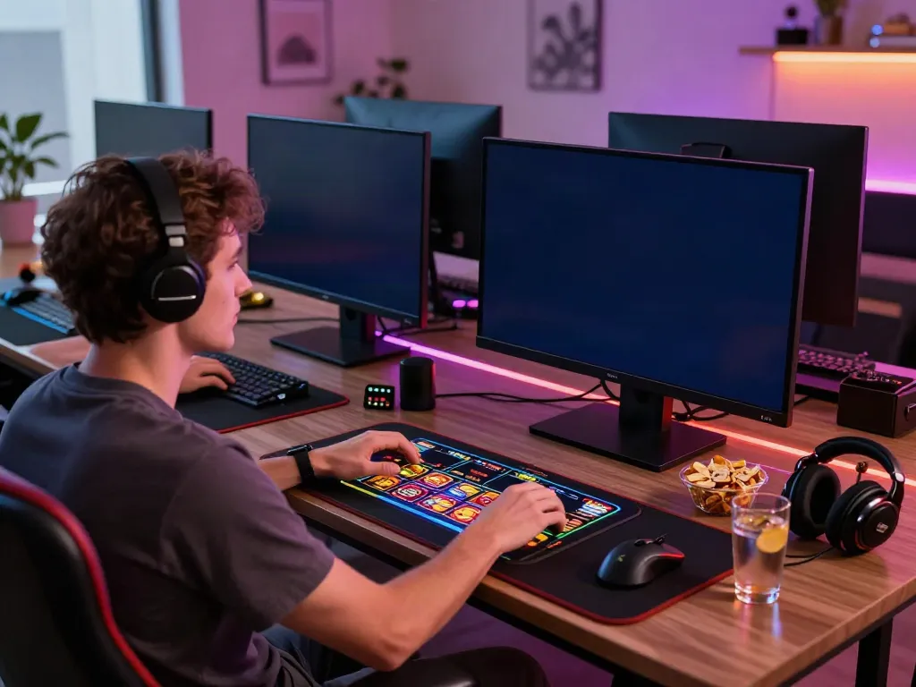 Player engaging with akunjp's online slots in a vibrant gaming setup.