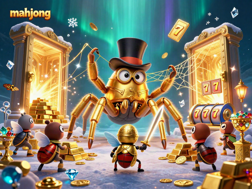 Immerse yourself in mahjong action with a vibrant scene featuring a golden tarantula and a beetle knight.