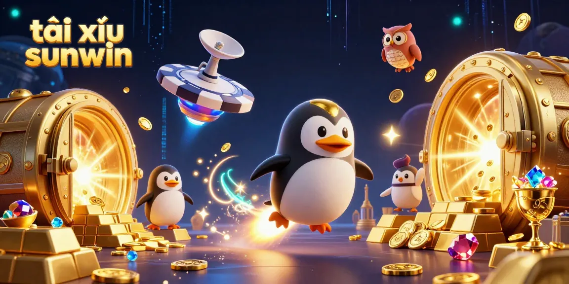 Tài xỉu sunwin showcases a vibrant 3D illustration of a golden rocket penguin leading a casino-themed adventure.