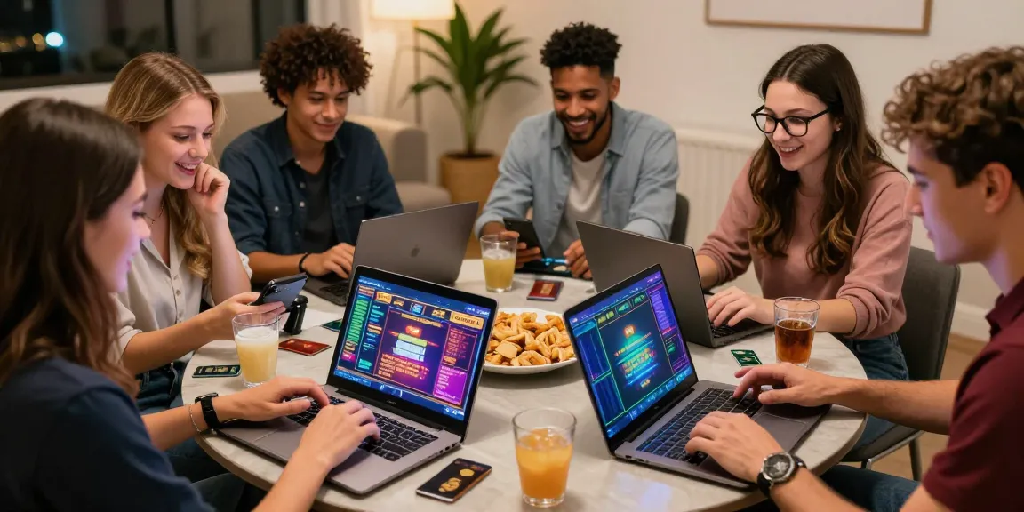 Exciting group playing at credit card casinos uk, showcasing laptops with vibrant game graphics.