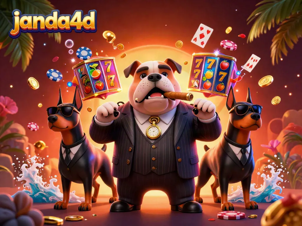 janda4d menampilkan bos mafia bulldog dan bodyguard Doberman di lingkungan kasino dengan slot dan kartu