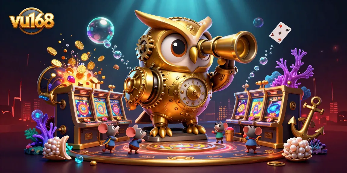 Experience excitement at vu168 with a vibrant casino scene featuring a golden owl, immersive treasures, and dynamic gameplay.