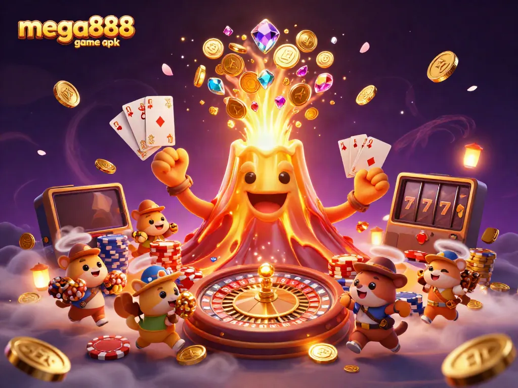 Experience the thrilling mega888 game apk with dynamic casino elements in this vibrant 3D illustration.