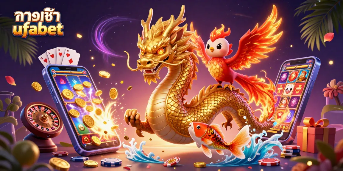 Play and win at ทางเข้า ufabet with a fierce dragon and lively phoenix in a vibrant casino scene.