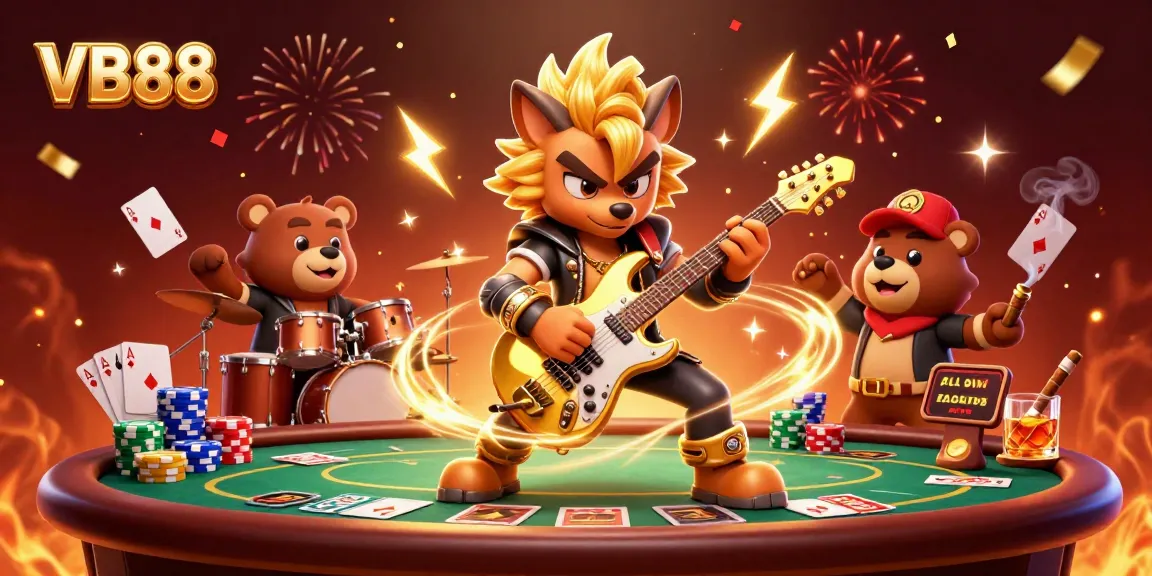VB88 features a rock star wolf and drummer bear celebrating casino wins on stage.