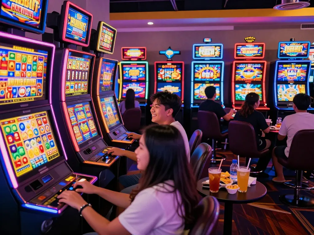Exciting slot gacor gaming scene with players enjoying colorful slot machines and vibrant atmosphere.