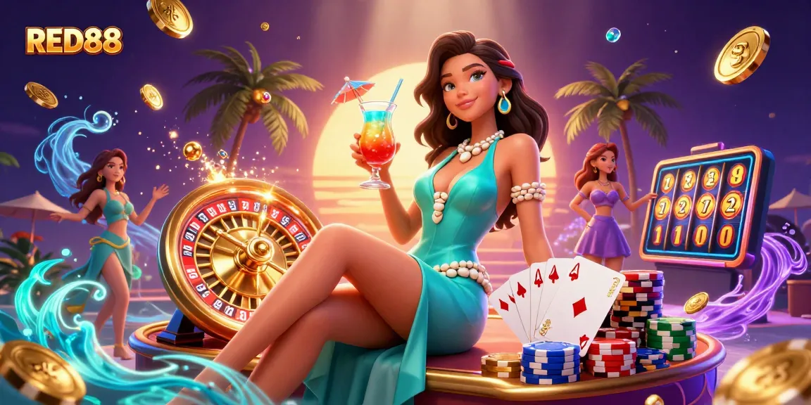 Engage in thrilling gameplay with RED88 as you embrace the excitement of colorful slot reels and vibrant casino elements.