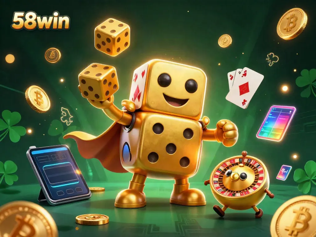 Experience thrilling wins with 58win's engaging casino scene featuring dynamic golden dice and crypto coins.
