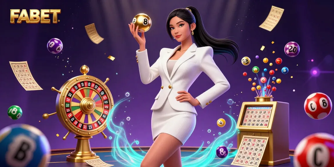 Experience the thrill of FABET with dynamic lottery elements and a chic Asian dealer in elegant casino decor.