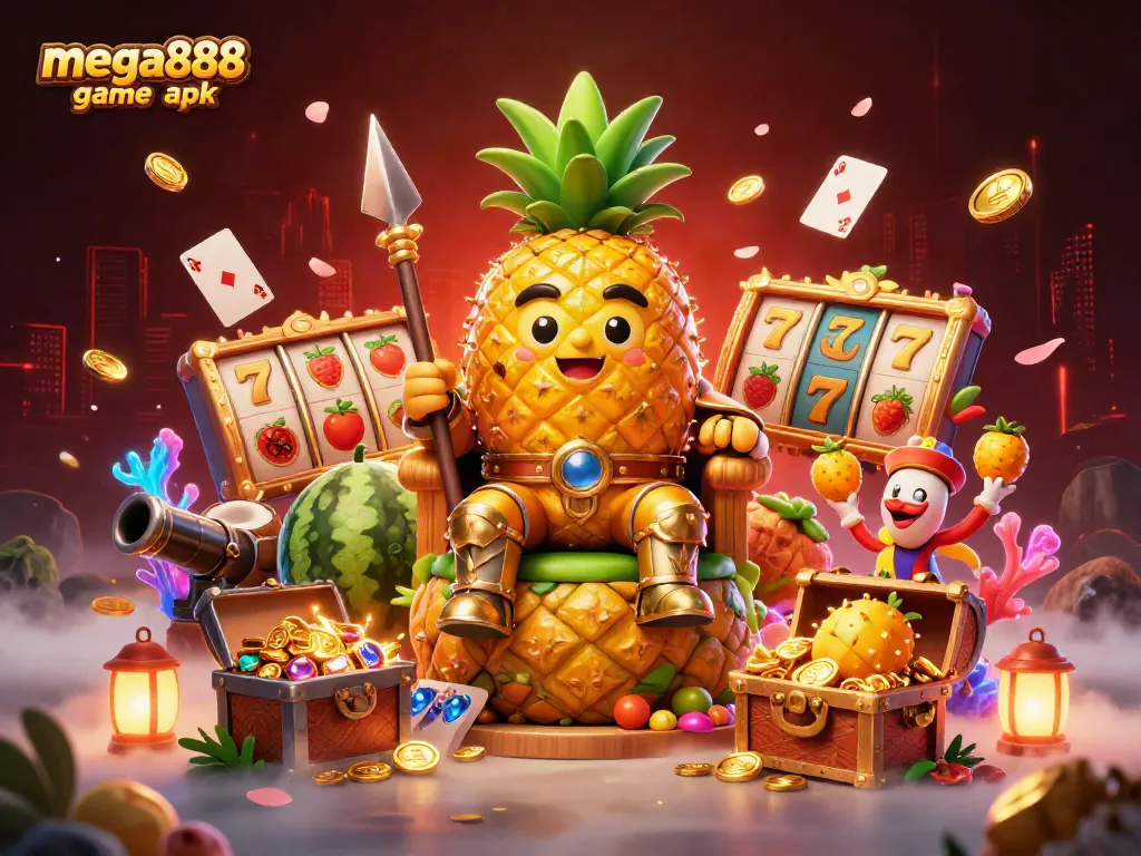 Experience the excitement of mega888 game apk with a vibrant beach casino scene filled with golden treasures.