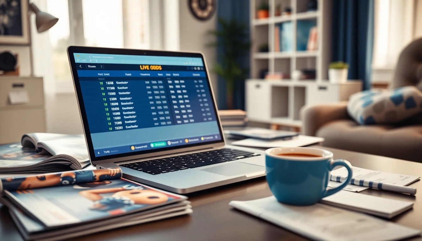 Engage in online Betting with a professional setup featuring a laptop and betting materials.