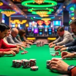 Engaged players in an action-packed Poker Game at a vibrant table filled with chips and cards.