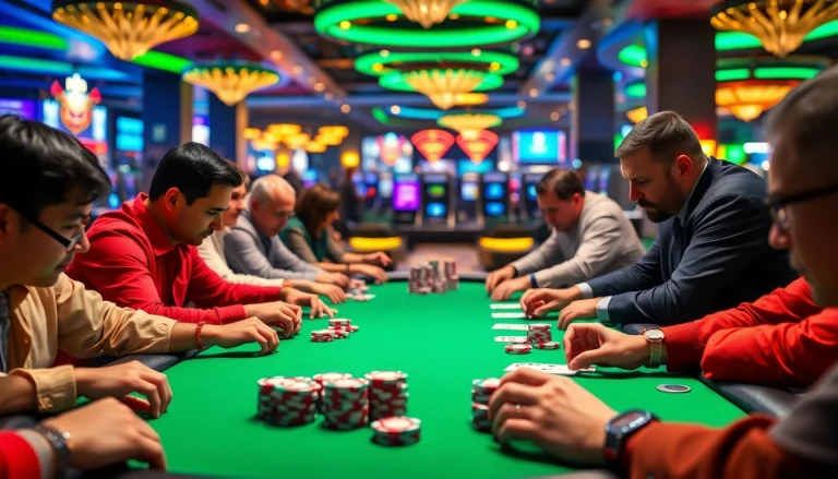 Engaged players in an action-packed Poker Game at a vibrant table filled with chips and cards.