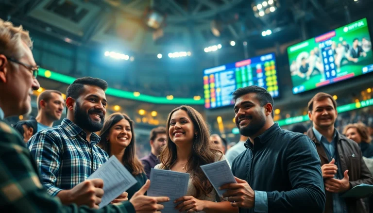 Engaging scene of participants in Sports Betting with live odds displayed in a vibrant atmosphere.