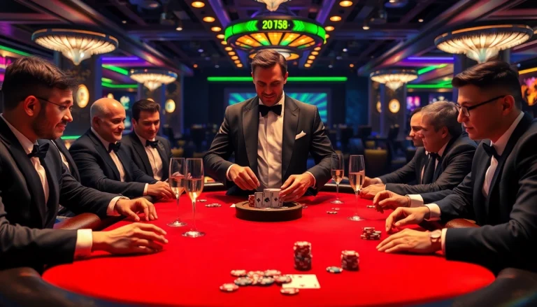 Players enjoying a thrilling game at a luxury138 casino table, immersed in excitement and strategy.