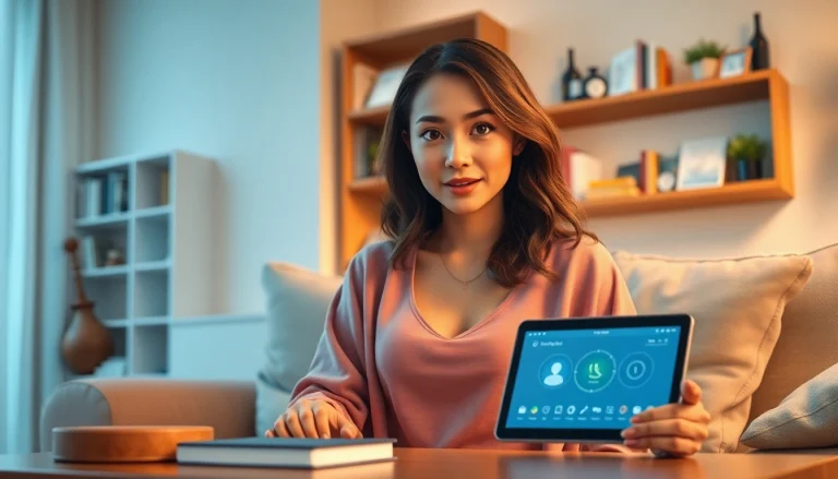 A friendly girlfriend AI character interacting in a cozy living room, showcasing emotional connection with technology.