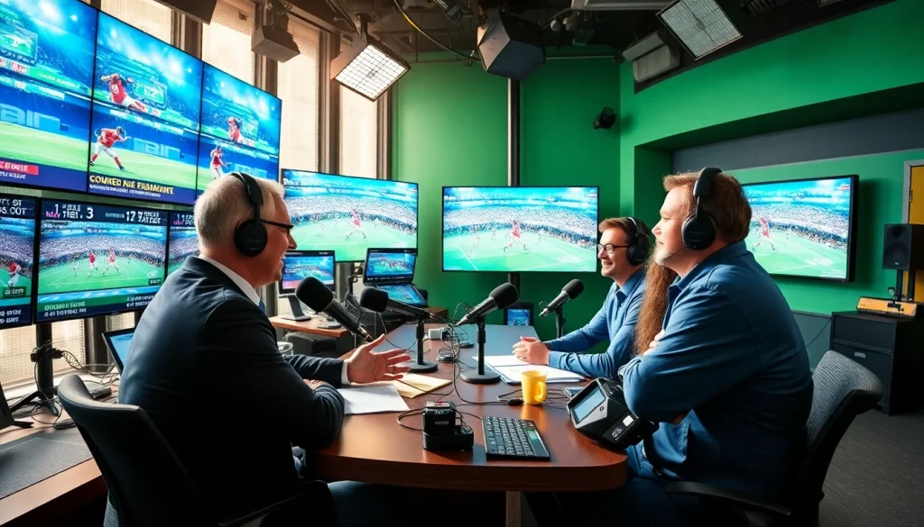 Sports Broadcasting dynamic discussion in a high-energy studio with advanced technology.