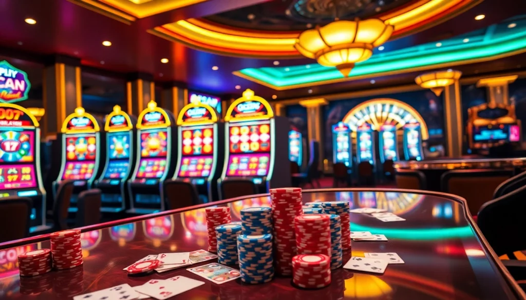 Players engaging with vibrant qqmacan slot machines in a luxurious casino setting.