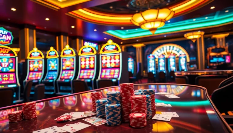 Players engaging with vibrant qqmacan slot machines in a luxurious casino setting.