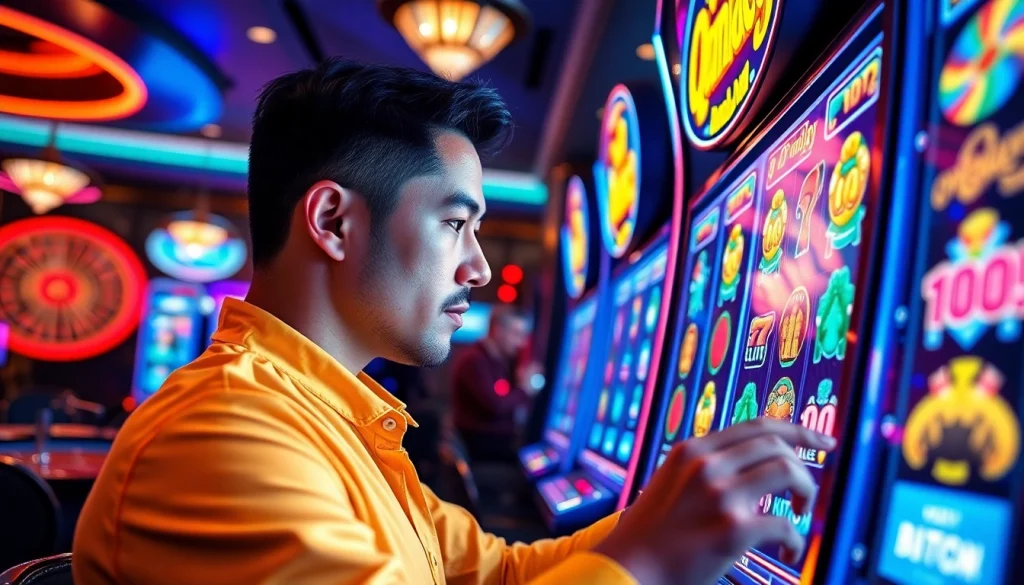 Player enjoying a thrilling qqmacan slot machine experience in a luxurious casino setting