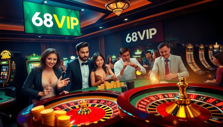 Players enjoying a thrilling game with 68VIP casino elements in a vibrant, luxurious setting.