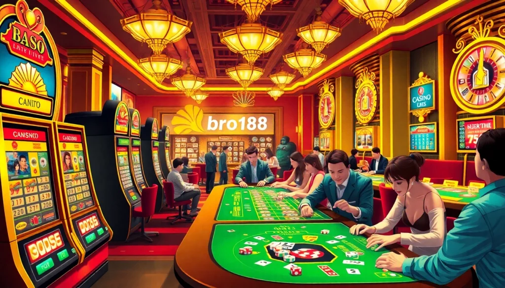 Bro138 players enjoying exciting games at a luxury casino with vibrant slot machines and poker tables.