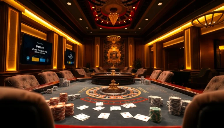 Experience Phương thức thanh toán tại 68gb with an elegant gaming setup showcasing chips, cards, and a roulette wheel.