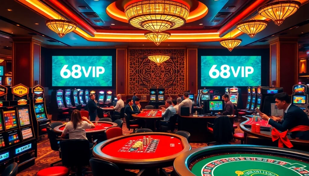 Players enjoying an exciting game at the luxurious 68VIP casino with vibrant tables and slot machines.