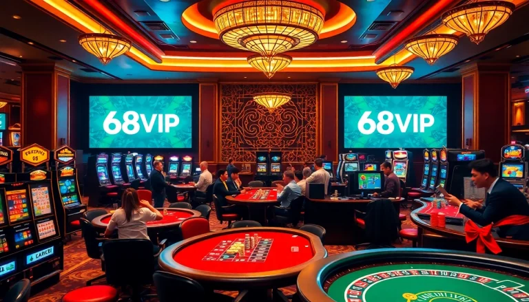 Players enjoying an exciting game at the luxurious 68VIP casino with vibrant tables and slot machines.