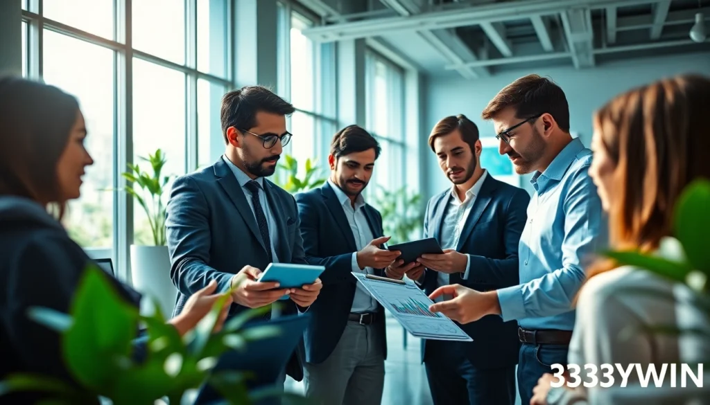 Professionals collaborating in a modern office space, reflecting the innovative spirit of 33WIN.