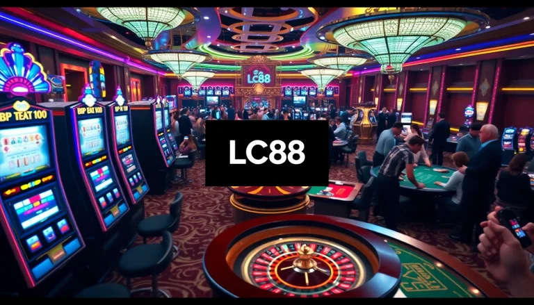 Engaging gambling scene at LC88 casino featuring slot machines and poker tables.
